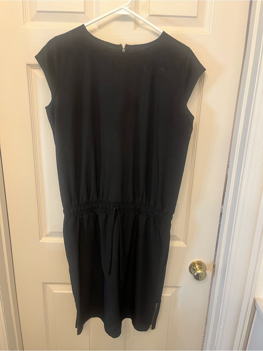 Albion Black Cap-Sleeve Drawstring Waist Mini Dress